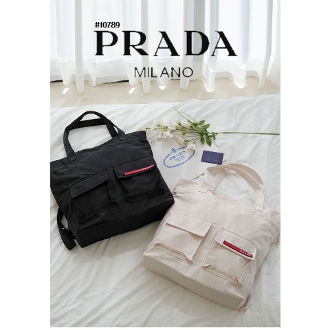 [PRADA] 프라다 리나일론 양포켓 레드패치 캔버스 토트백