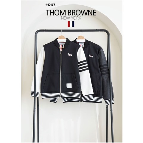 [THOM BROWNE] 톰브라운 배색 도그자수 4바 기모 소매 스트라이프 블루종 자켓