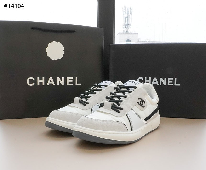 [CHANEL] 샤넬 패브릭 스웨이드 카프스킨 스니커즈 화이트앤그레이